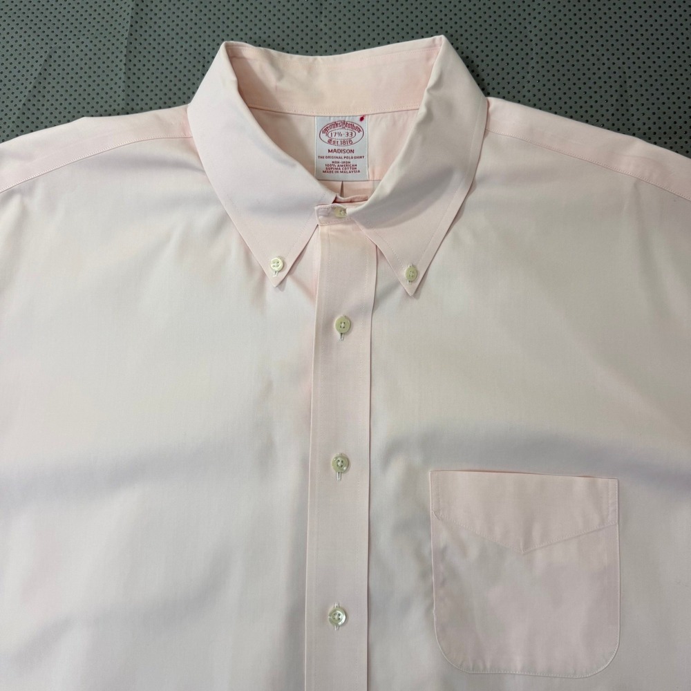Brooks Brothers Dress Shirt Mens 17.5 33 Pink Madison Non-Iron Stretch Pocket